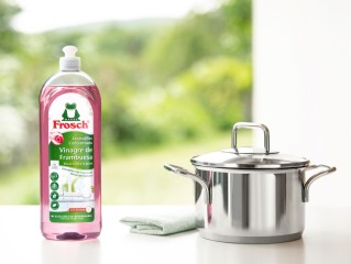 Frosch Hand Dishwashing Detergent Raspberry next to pot